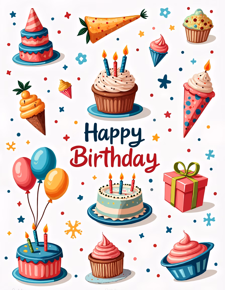 Brightly colored birthday celebration with cakes and gifts.
