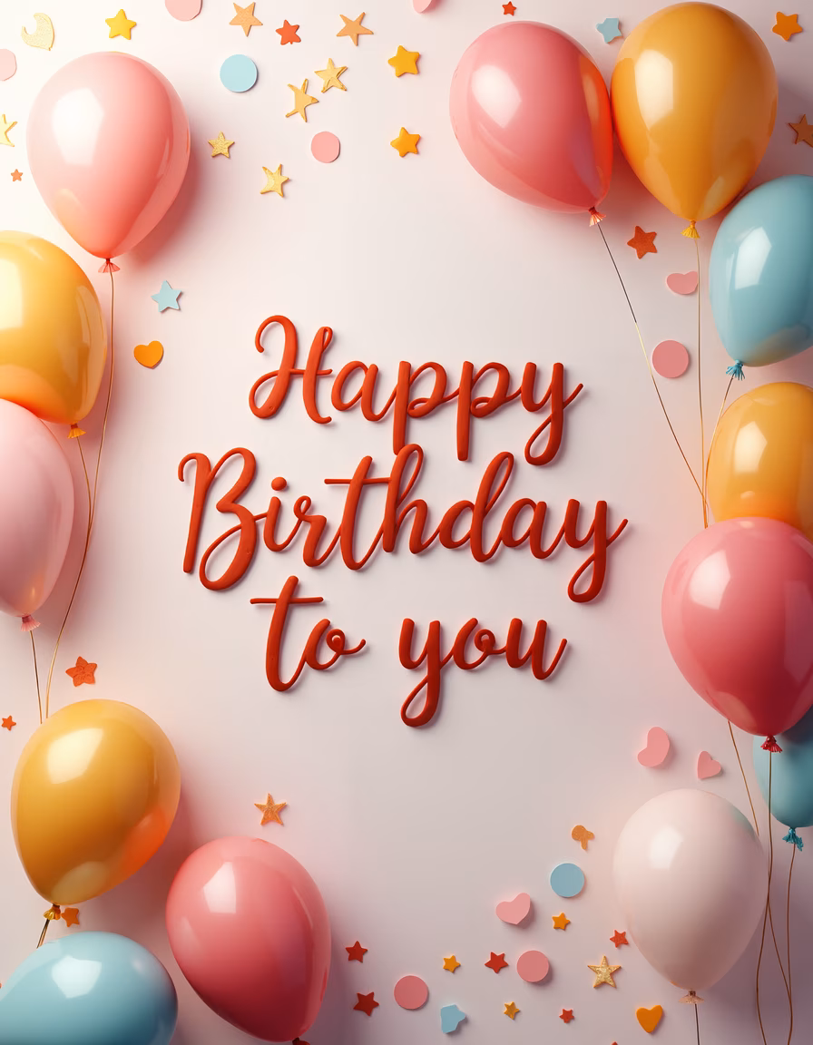 Colorful birthday card with balloons and confetti.