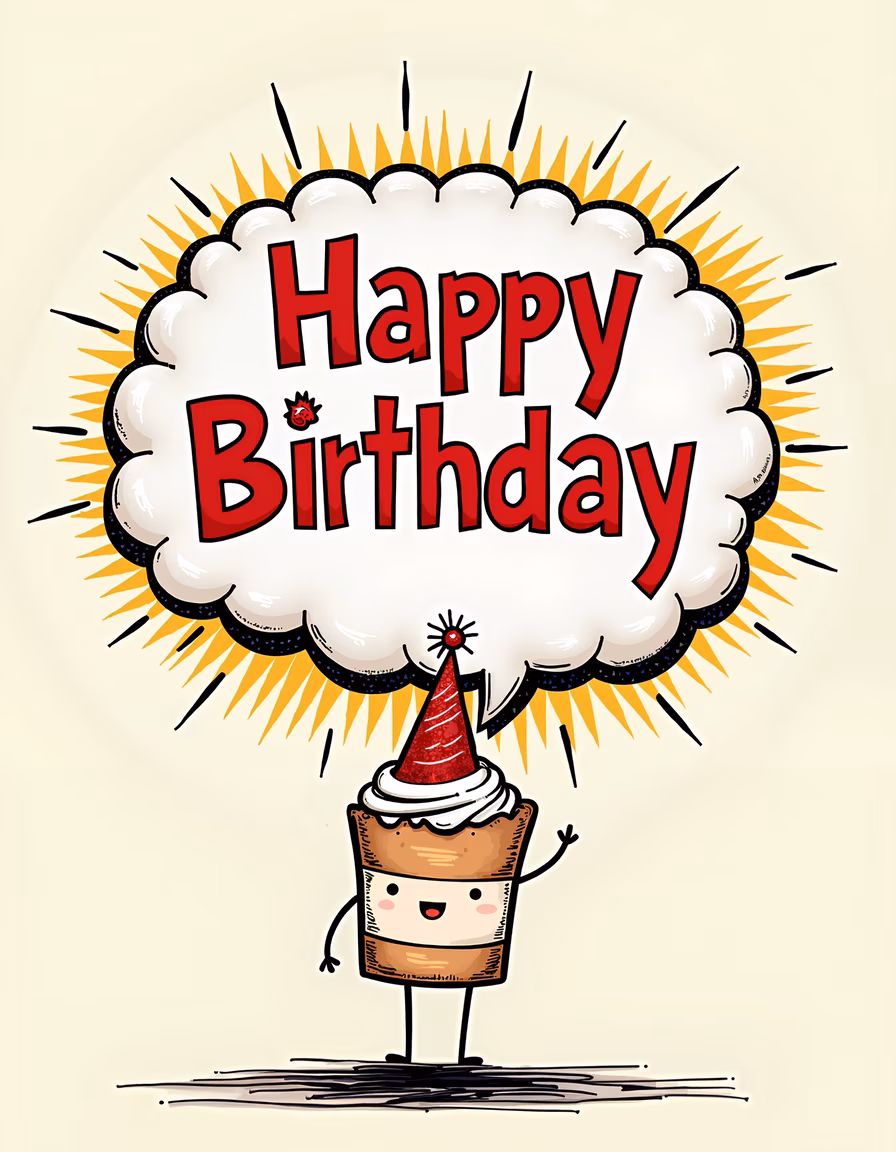 A cute cupcake character wishes you a happy birthday with a bright and festive design.