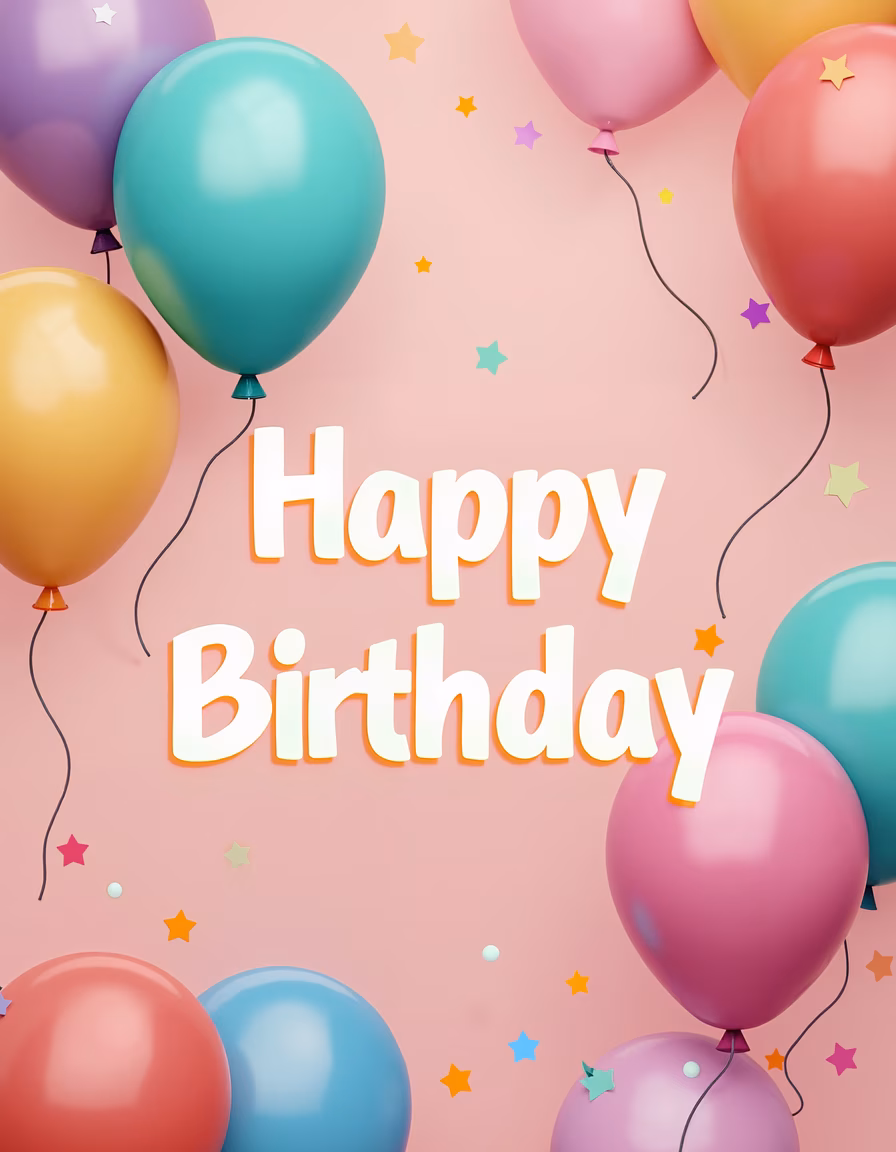 Bright and cheerful birthday greeting with balloons and stars on a soft pink background.