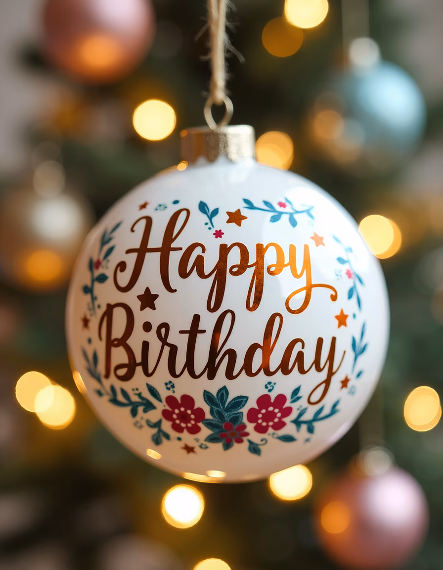 Elegant birthday ornament with floral wreath and festive lights.