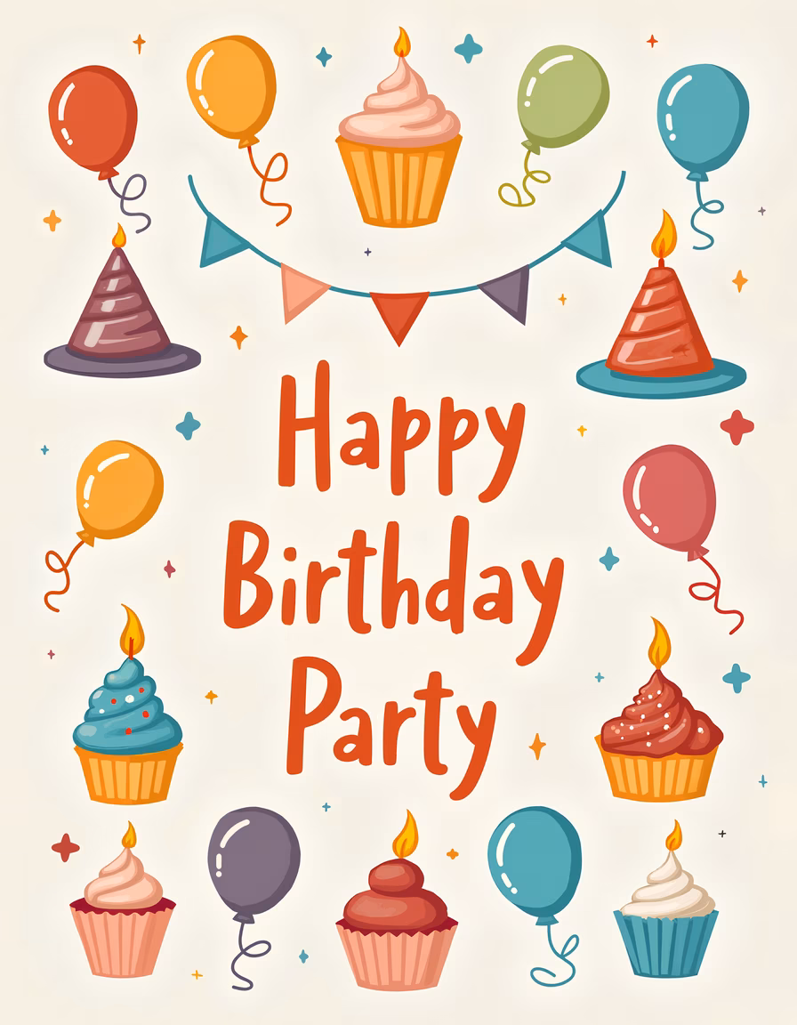 Bright and festive birthday party illustration with balloons and cupcakes.