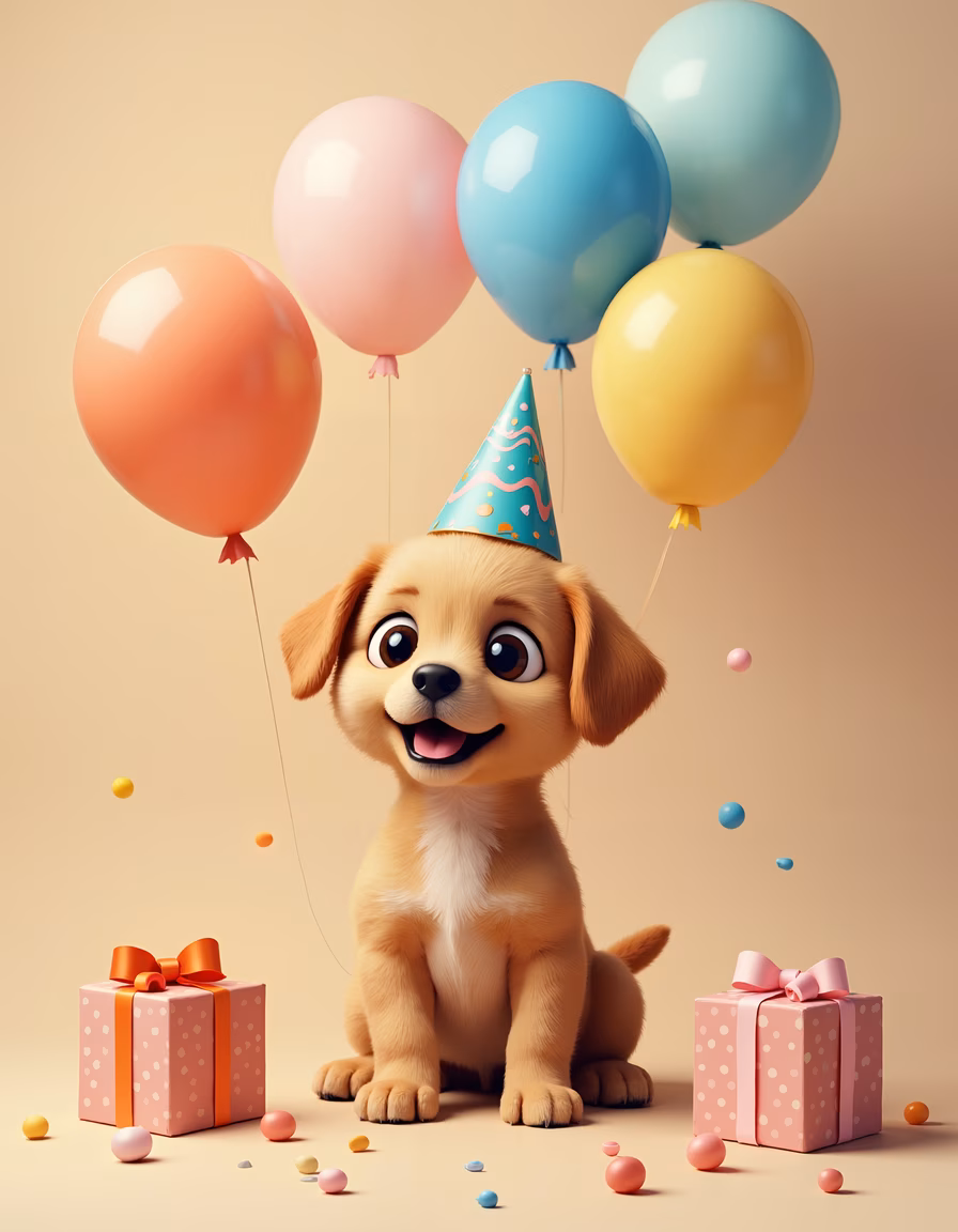 A cute puppy celebrating with balloons and gifts, perfect for children's art.