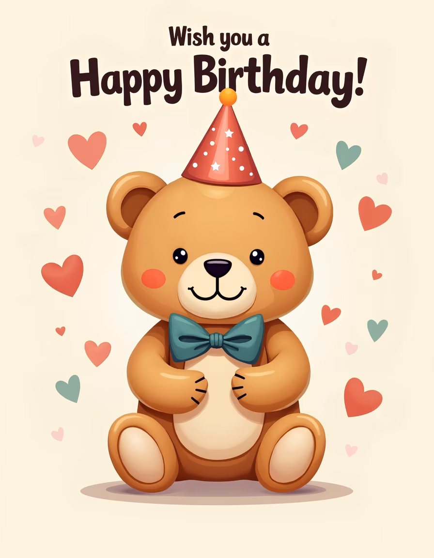 A cute teddy bear wearing a party hat and bow tie, surrounded by hearts, wishing you a happy birthday!