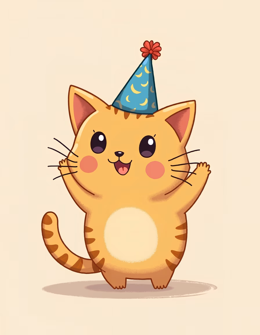 A cute cat celebrating with a party hat, perfect for children's art and festive occasions.