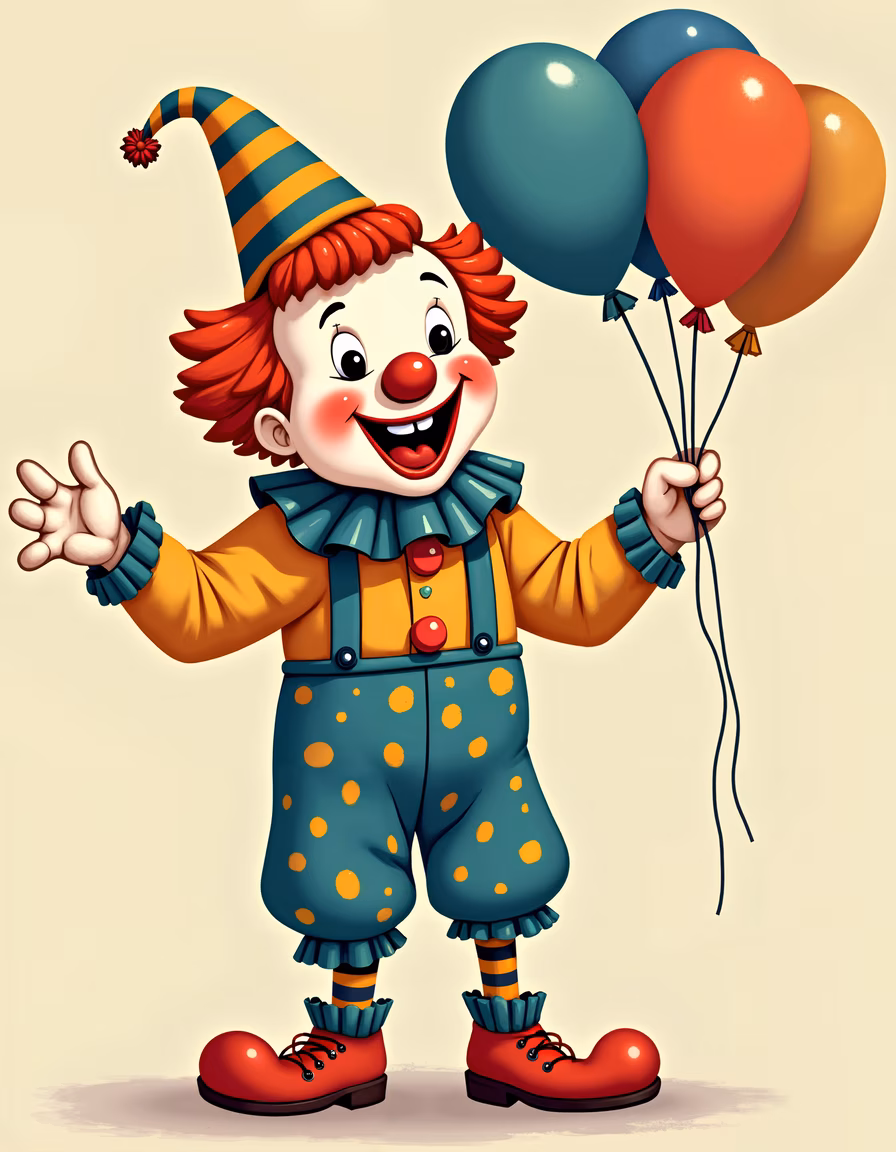 Brightly colored clown holding balloons, celebrating joyfully.