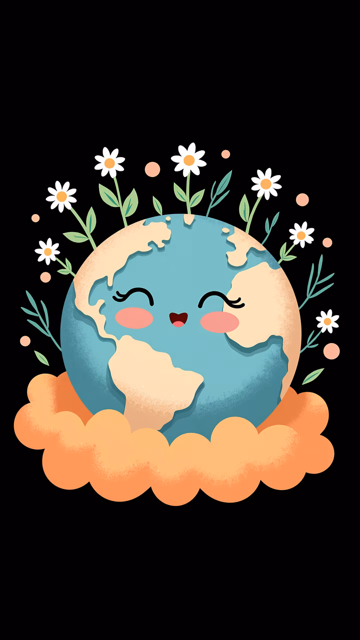 A cheerful Earth surrounded by clouds and flowers, symbolizing environmental positivity.