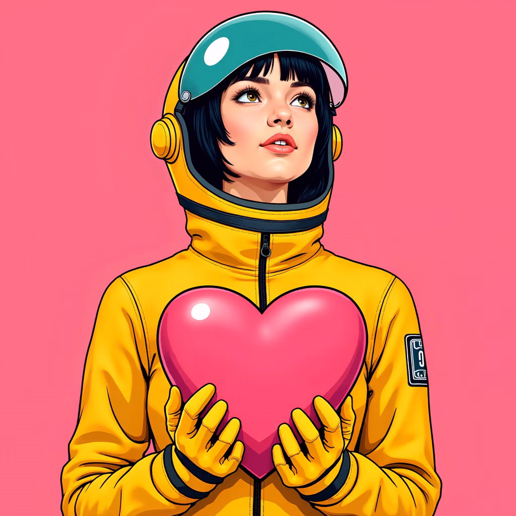 Vibrant pop art astronaut holding a heart, set against a pink backdrop.