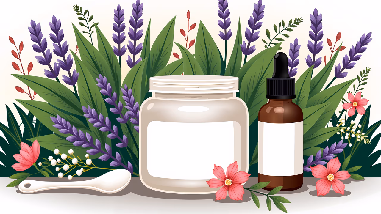 Illustration of herbal essence with greenery and flowers, promoting natural wellness.