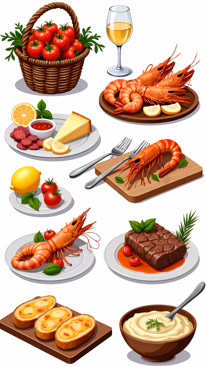 Brightly colored Mediterranean dishes in an illustrated style.