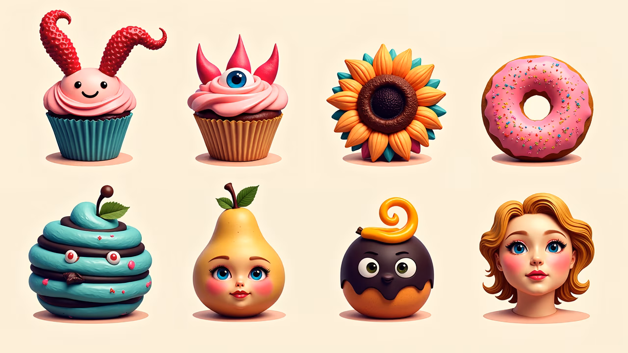 Whimsical cupcakes and anthropomorphic food characters in a playful, colorful illustration.