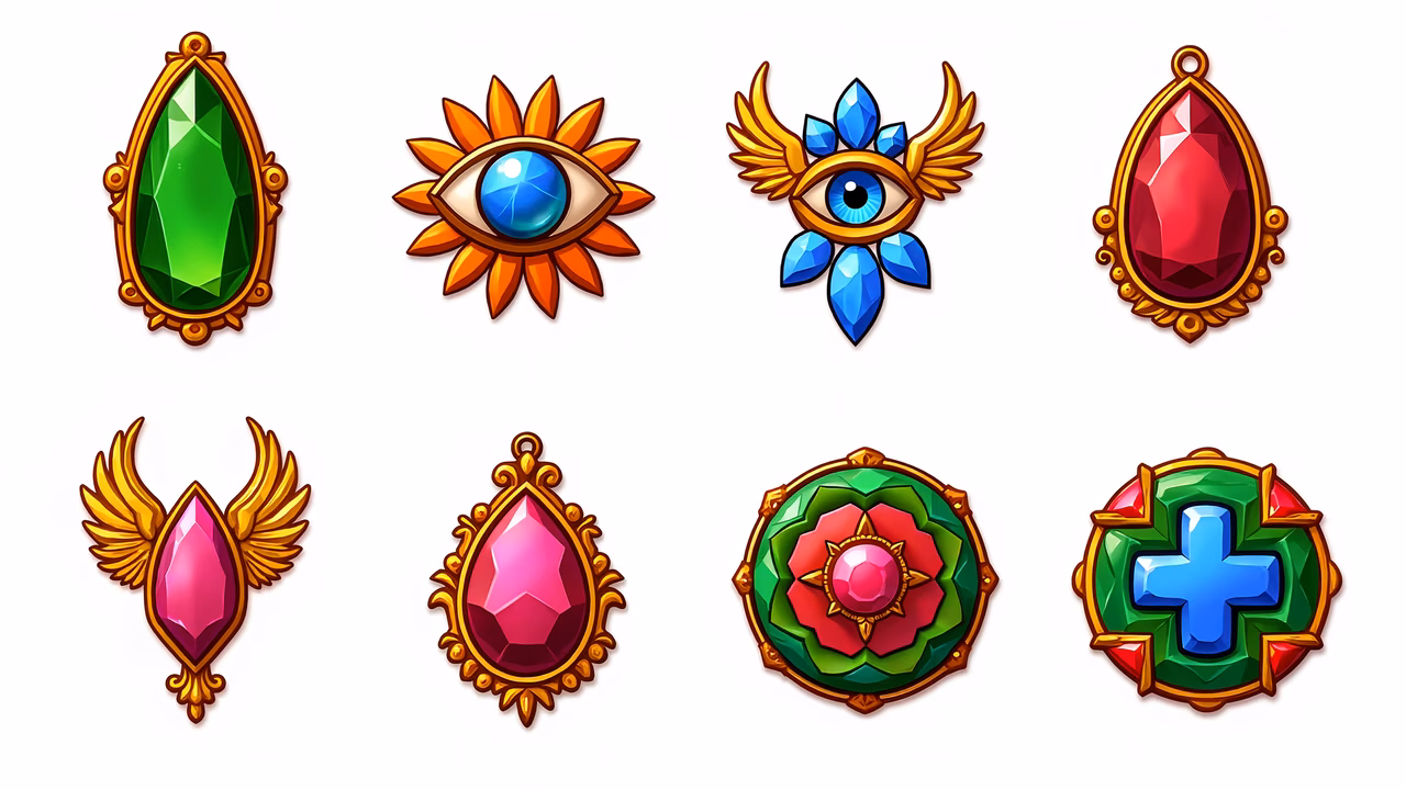 Stylized jewelry icons with vibrant colors and intricate designs.