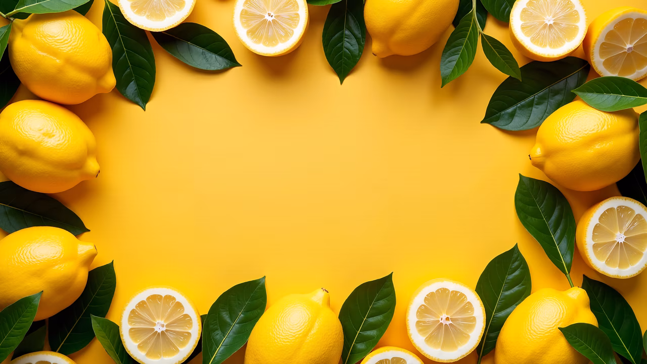 Bright yellow lemons and green leaves on a sunny yellow background.