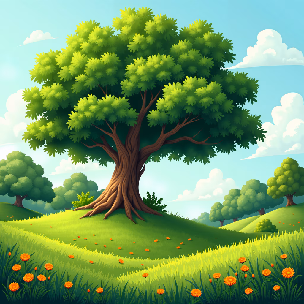 A tranquil nature scene featuring a large, lush green tree and vibrant orange flowers under a clear blue sky.