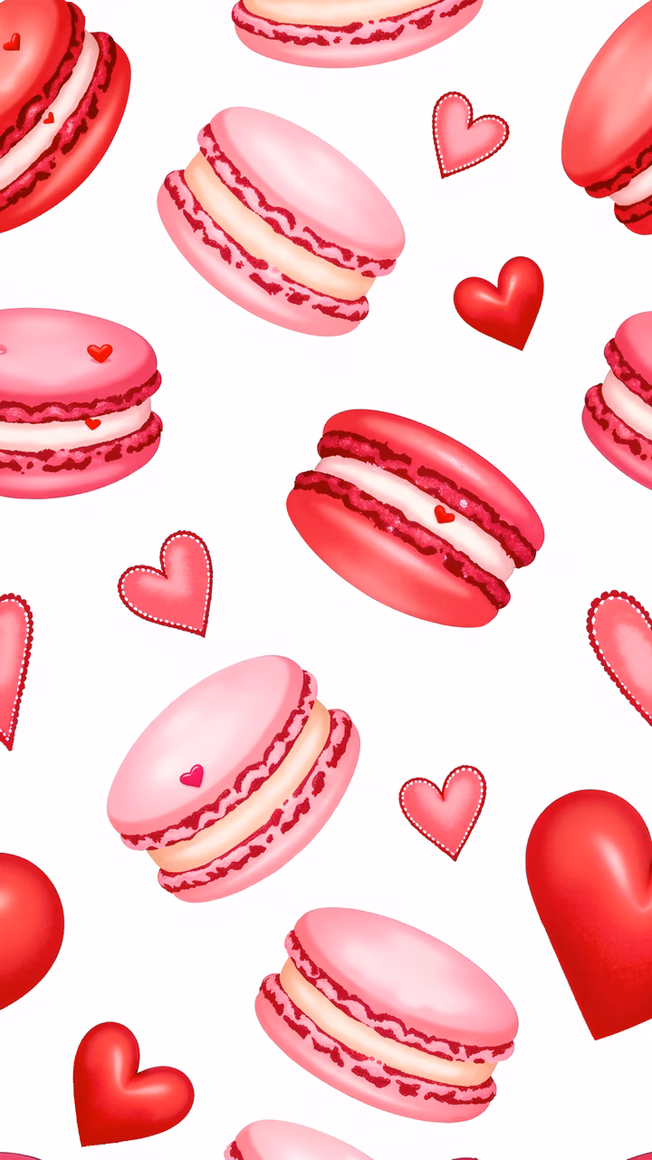 Delightful macarons and hearts in a sweet Valentine’s Day-themed illustration.