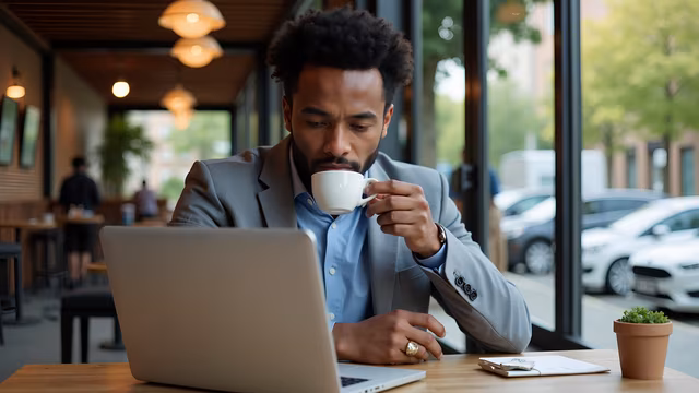 Man Drinking Coffee in a Cafe