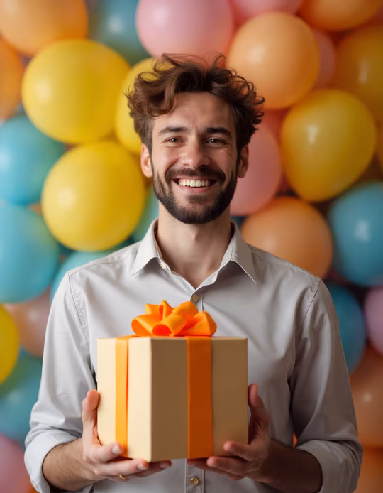 Man Holding Gift with Balloons
