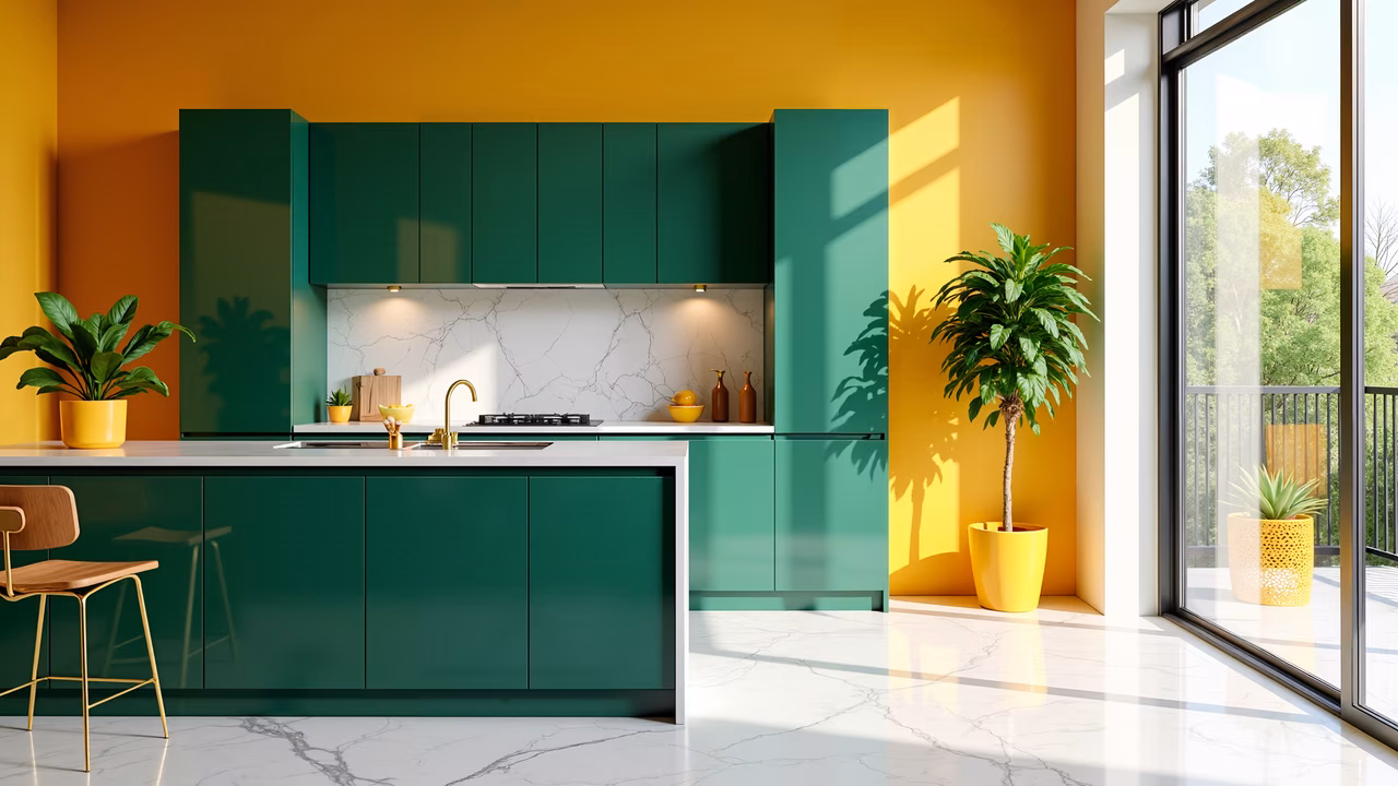 Bold colors and sleek design create a modern and inviting kitchen space.