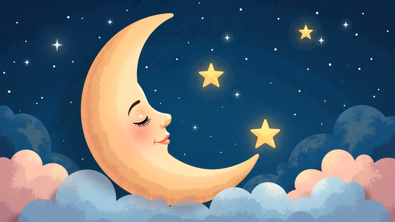 A whimsical crescent moon with a serene smile, surrounded by stars and clouds in a peaceful night sky.