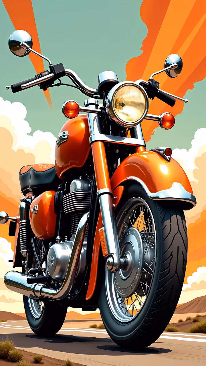 Classic motorcycle illustration with vibrant orange tones and dynamic sunset backdrop.