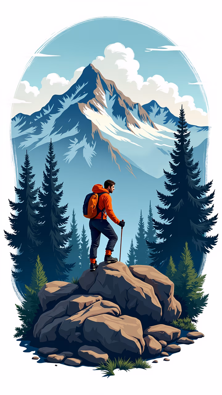 Hiker on Rocky Peak, Majestic Mountain Range, Evergreen Forest, Soft Blue Sky