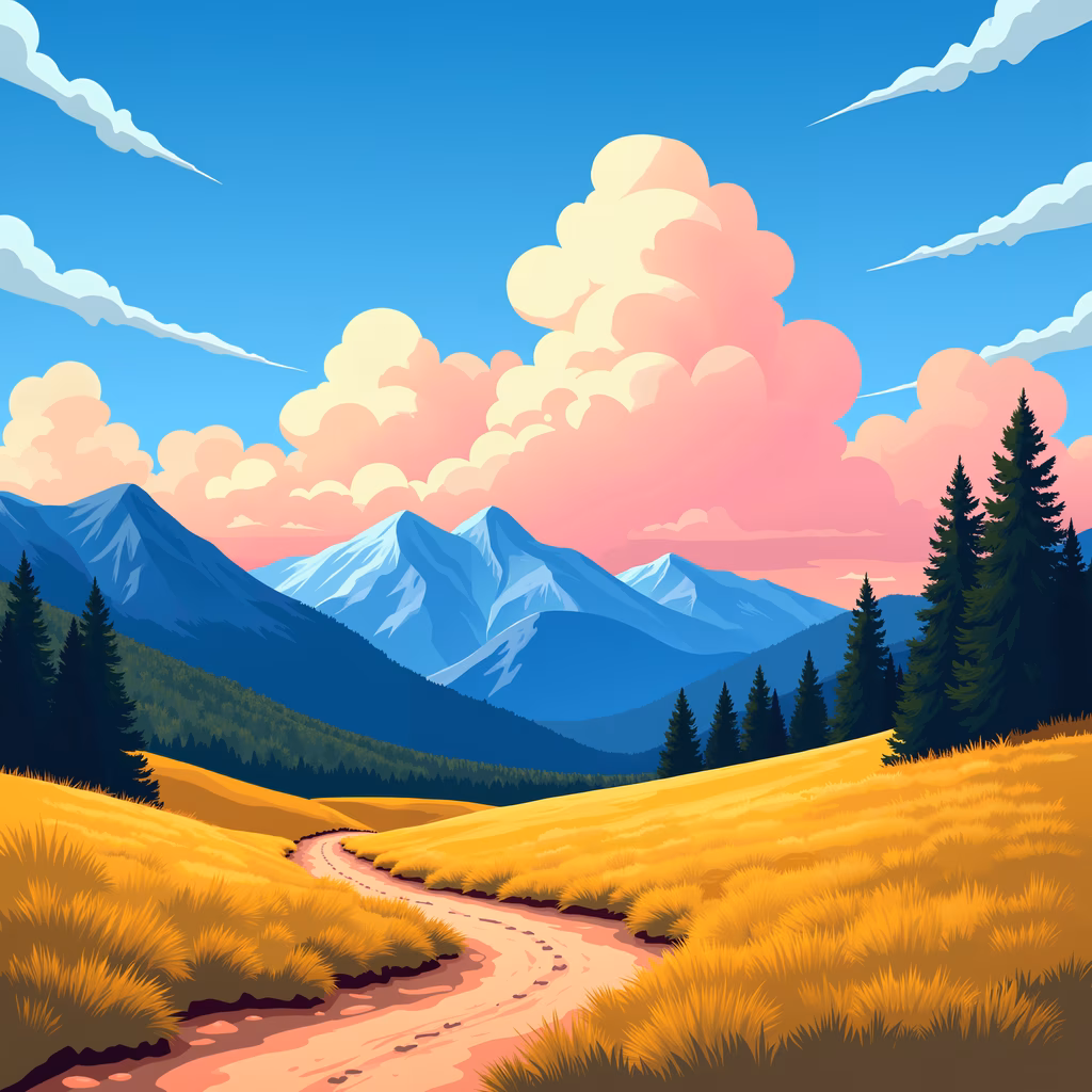A tranquil mountain landscape with golden grasses and snow-capped peaks under a clear blue sky.