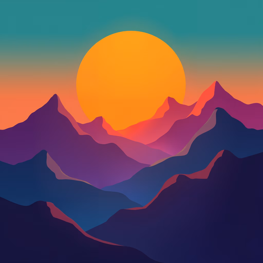 A tranquil mountain sunset with vibrant gradients and layered mountains.