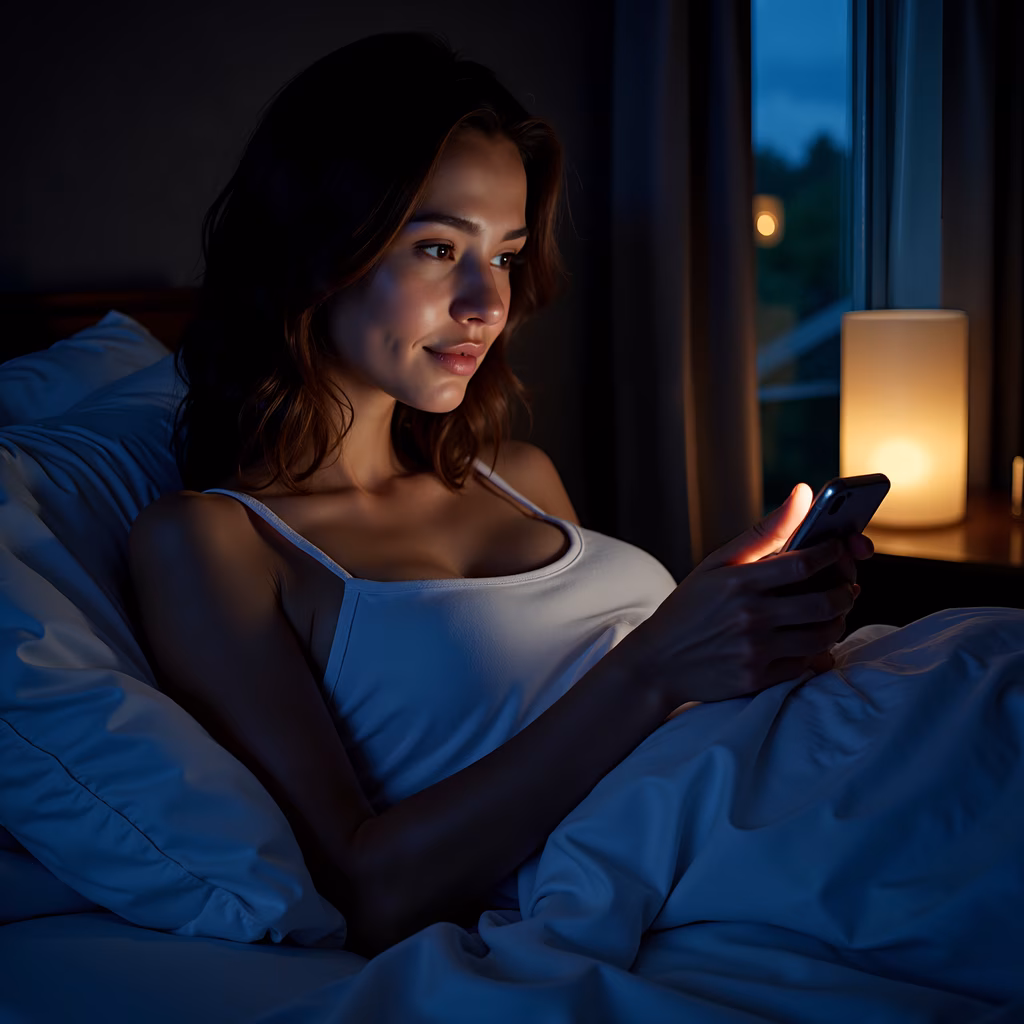 A woman in bed using her phone under a warm bedside lamp at night.