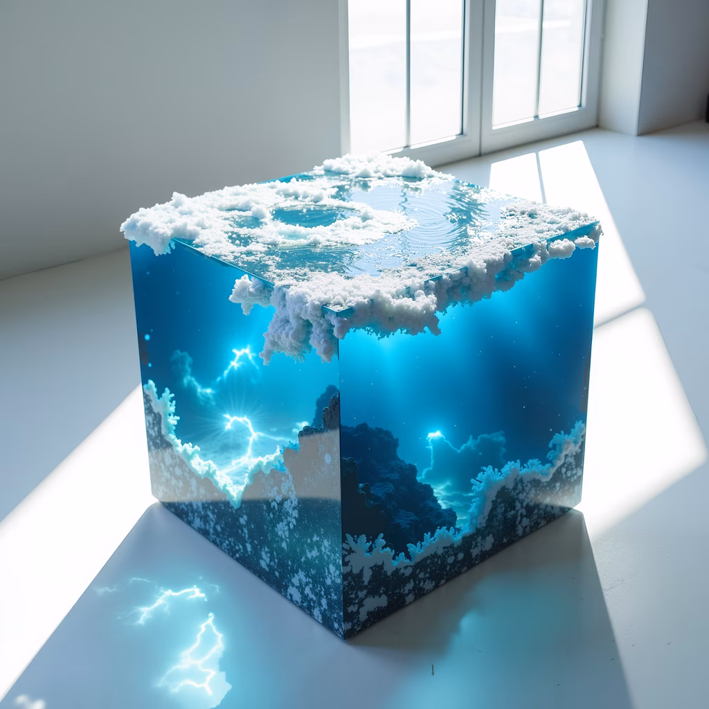 A cube filled with an underwater scene, vibrant blues and whites, surreal and mesmerizing.