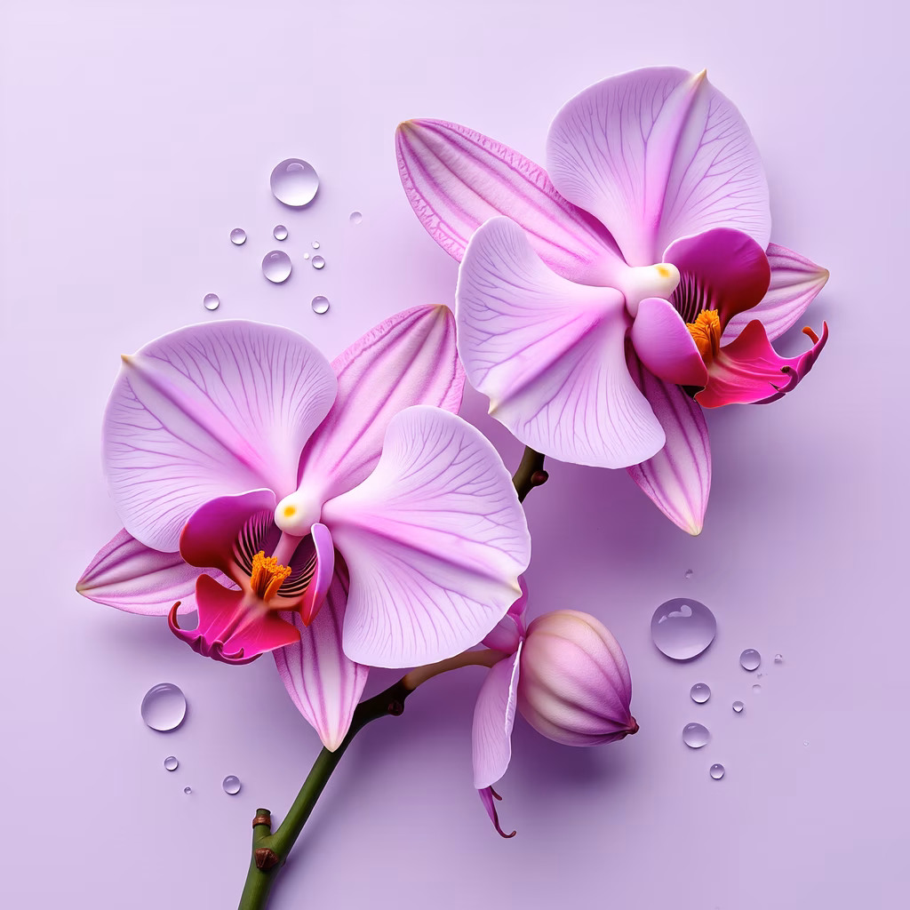 Elegant orchids on a soft purple background, capturing nature's delicate beauty.