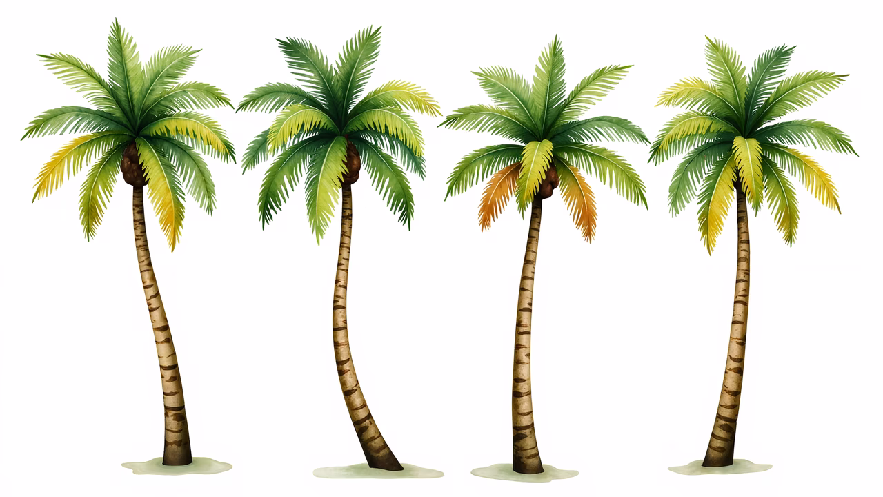 Four palm trees in a symmetrical arrangement on a white background.
