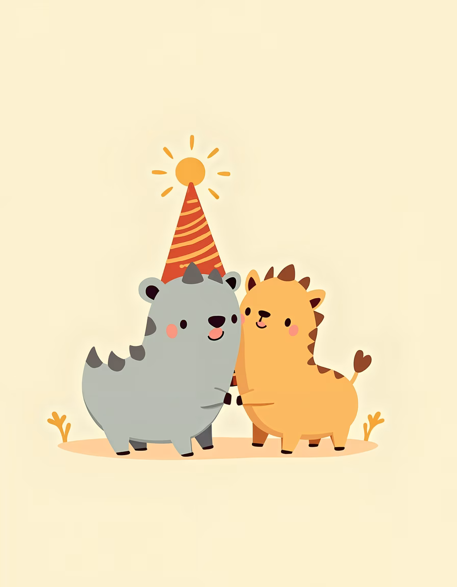 Two cute animals celebrating with a party hat, perfect for children’s art.