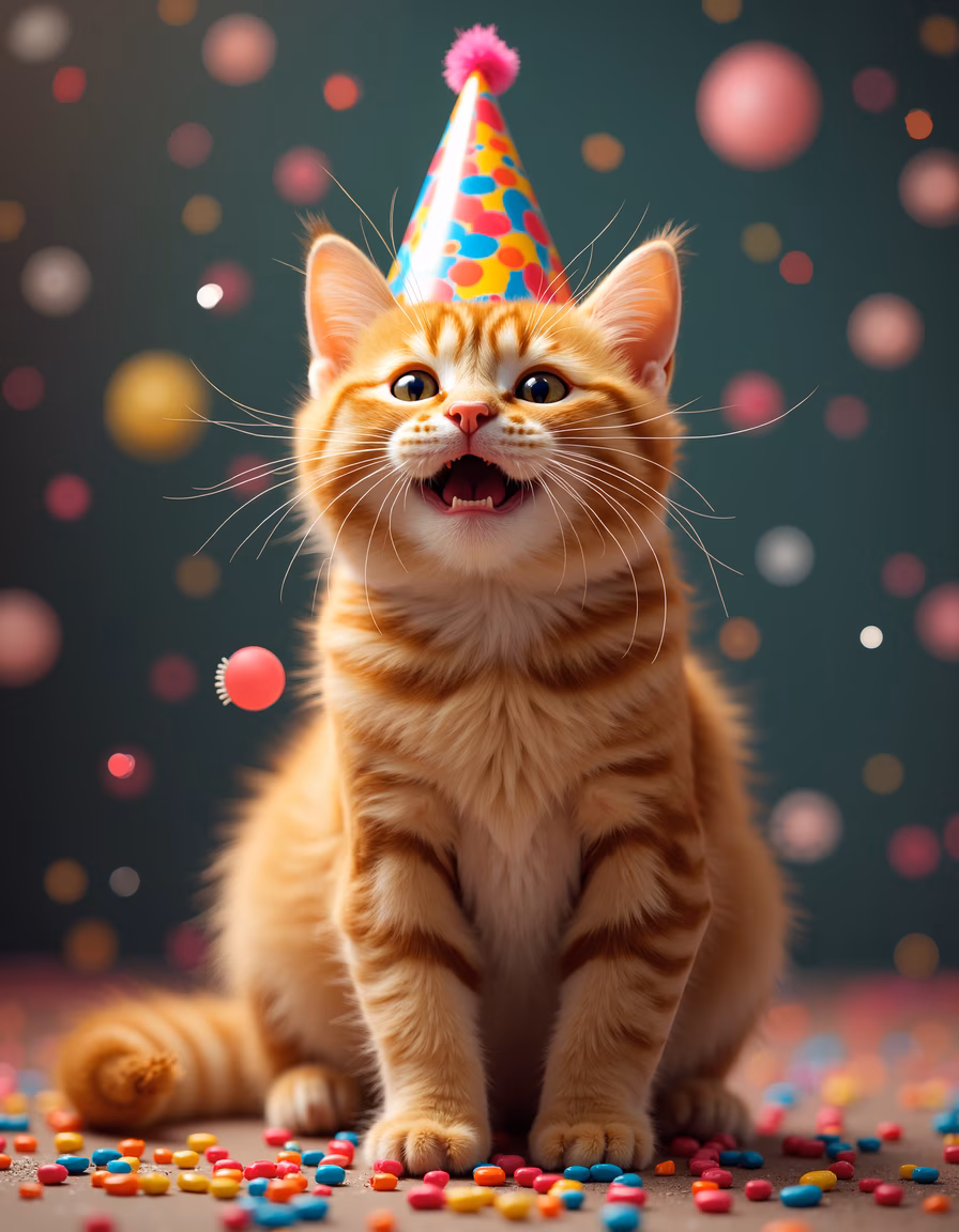 A joyful orange tabby cat celebrating with a party hat and confetti.
