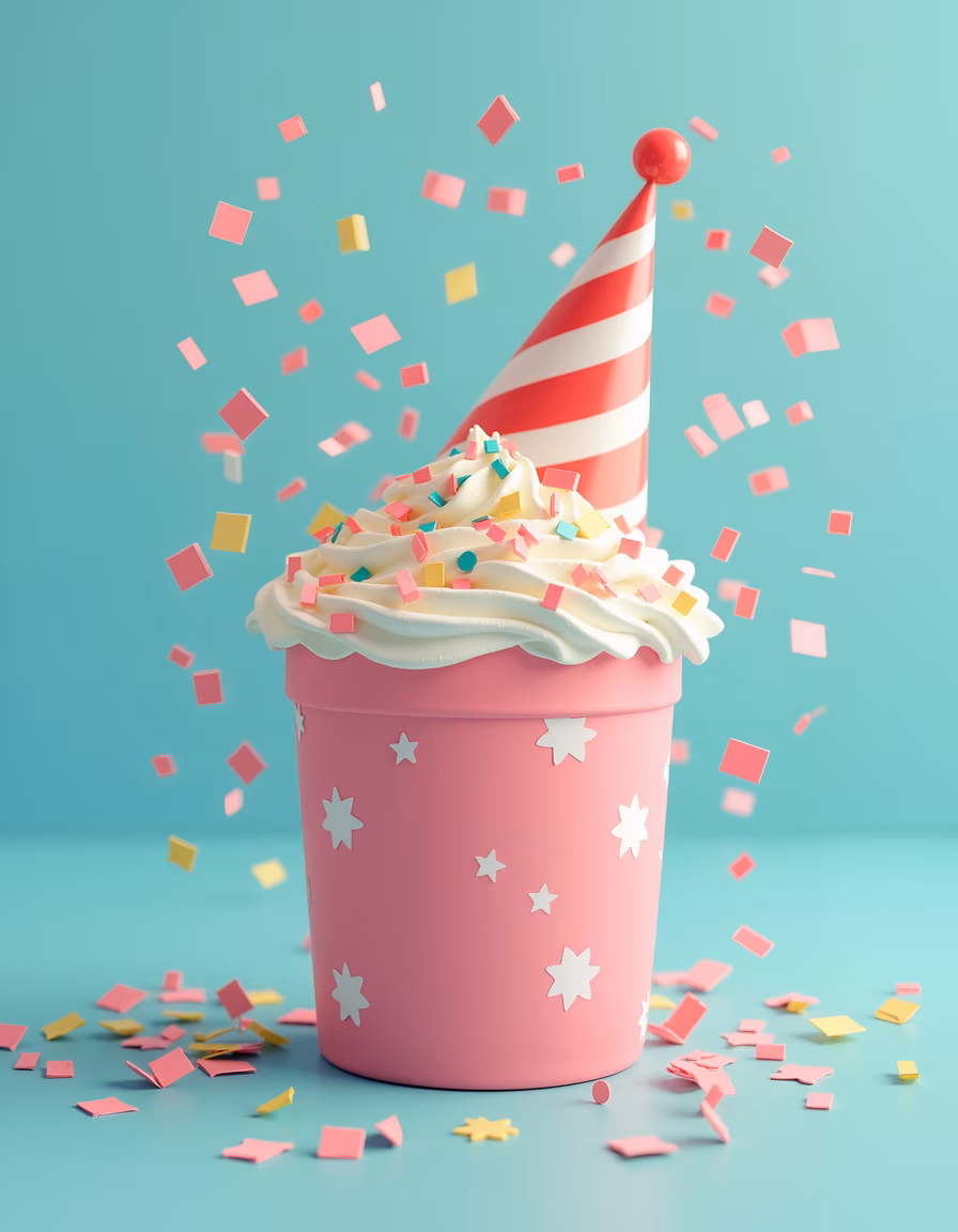 A festive party cup with whipped cream and confetti, celebrating joy and celebration.