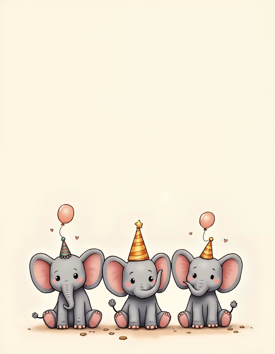 Cute elephants celebrating with balloons and party hats.