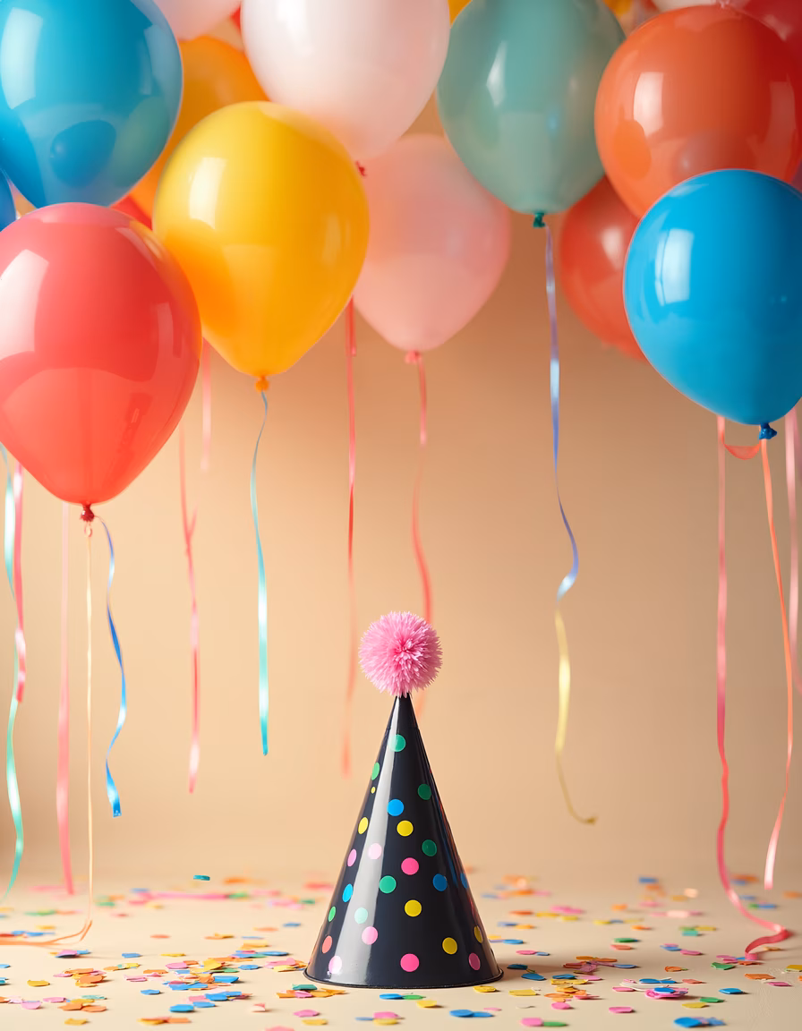Colorful balloons and party hat create a festive and joyful atmosphere.