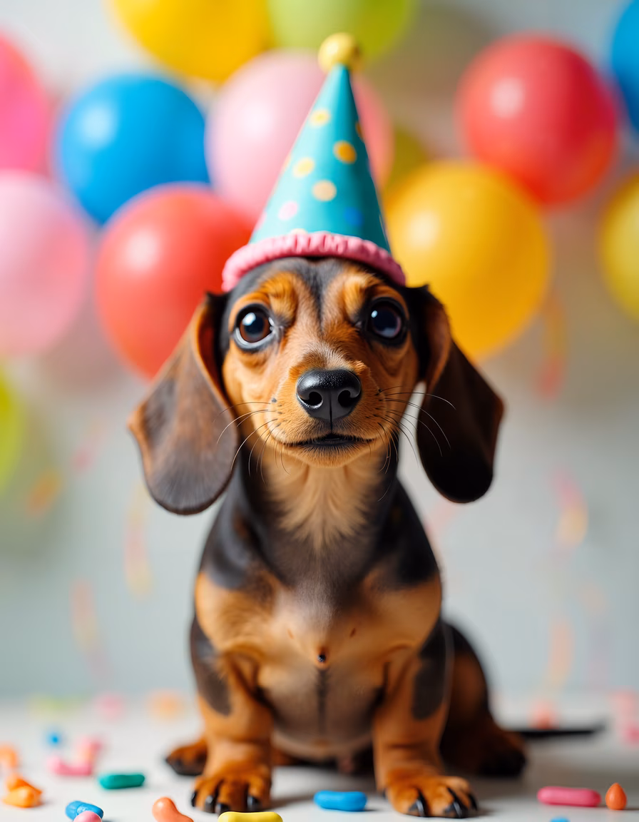 Cute puppy wearing a party hat amidst colorful balloons and confetti.