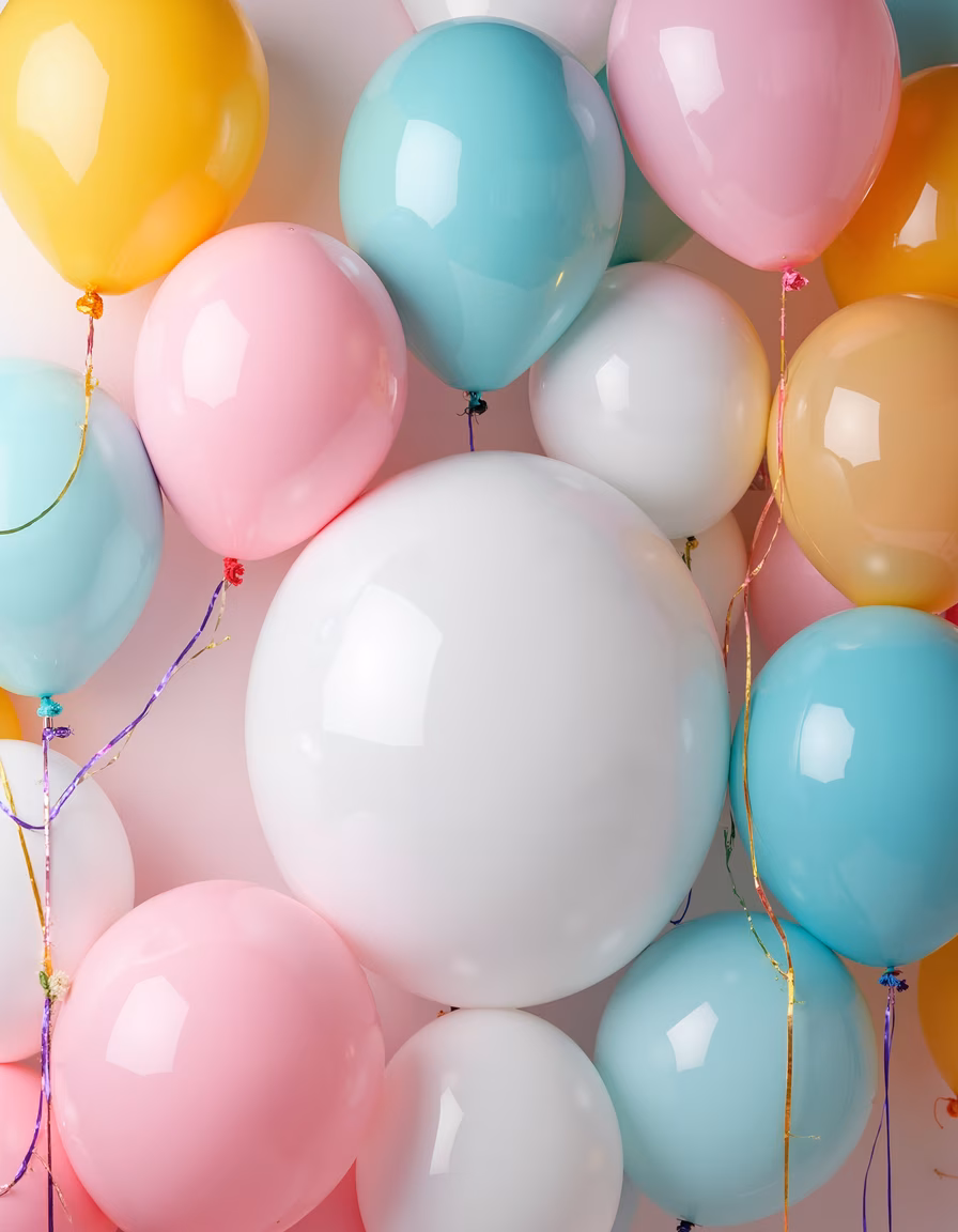 Soft pastel balloons create a joyful and festive atmosphere.