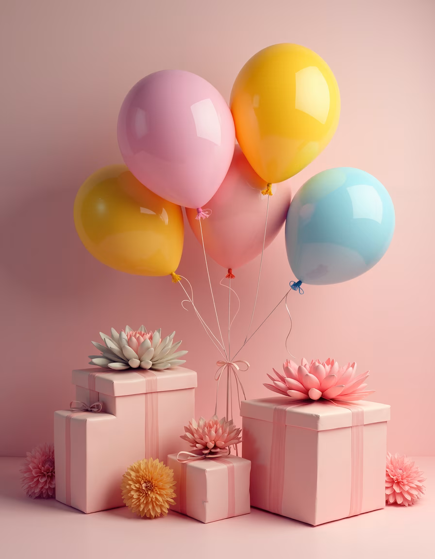 Pastel balloons and gifts celebrating joy and celebration.