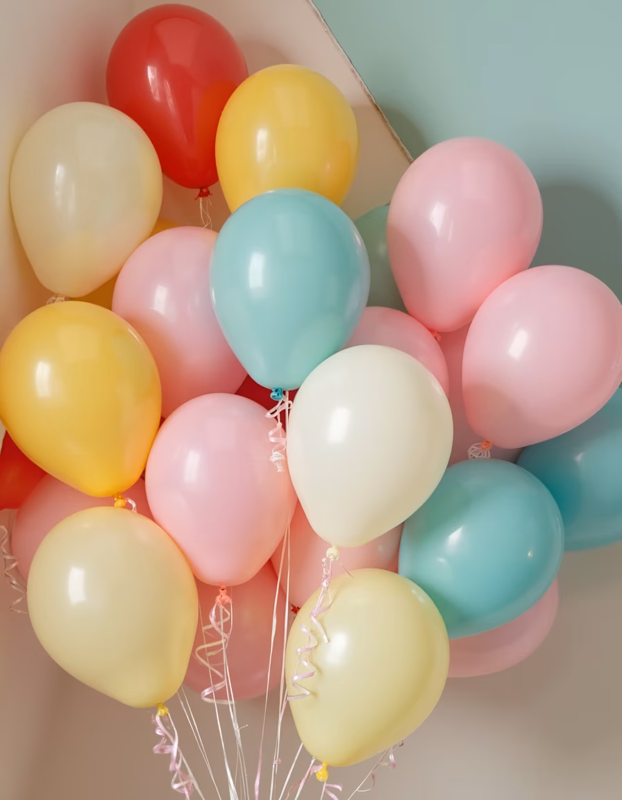 Soft pastel balloons create a joyful and celebratory vibe.
