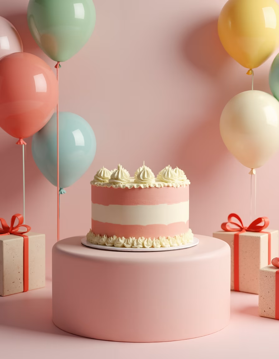 Pastel pink cake with white piped decorations, surrounded by balloons and gifts.