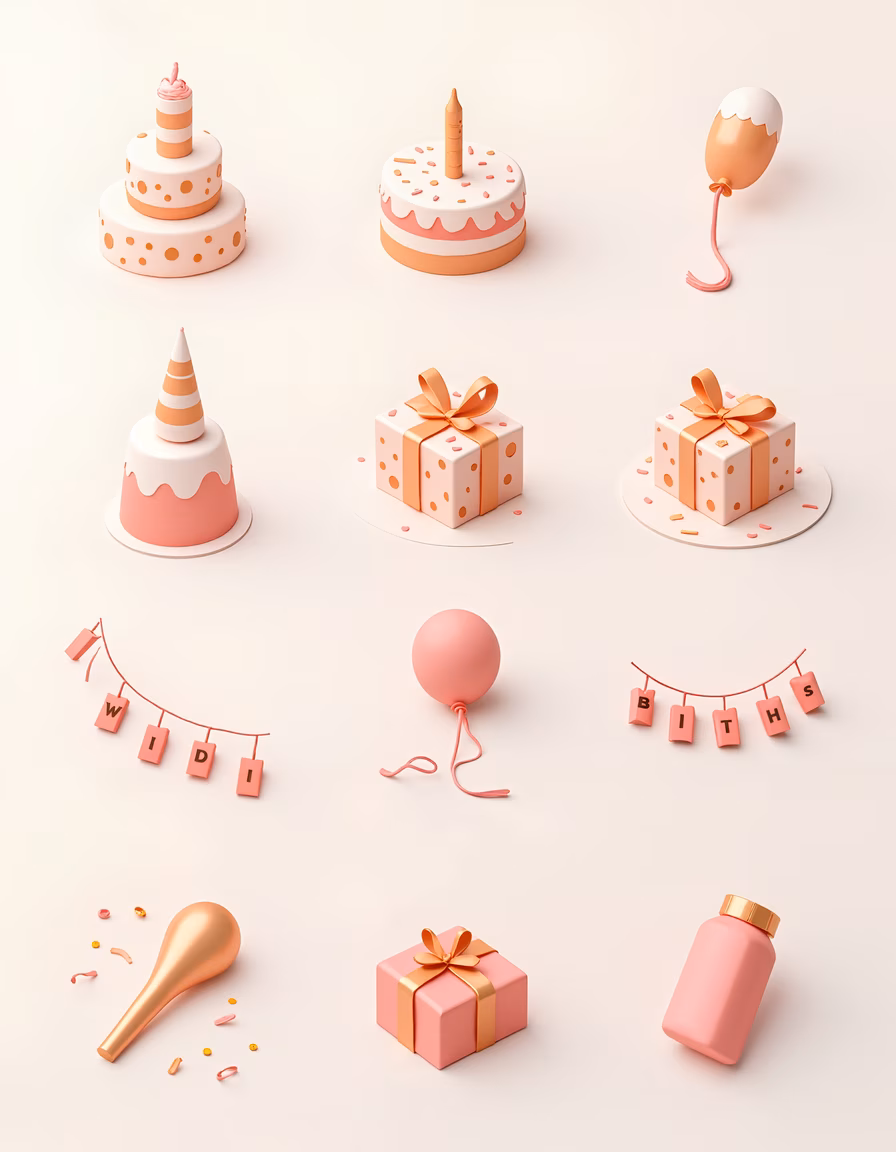 Whimsical pastel birthday party with cakes, gifts, and balloons.