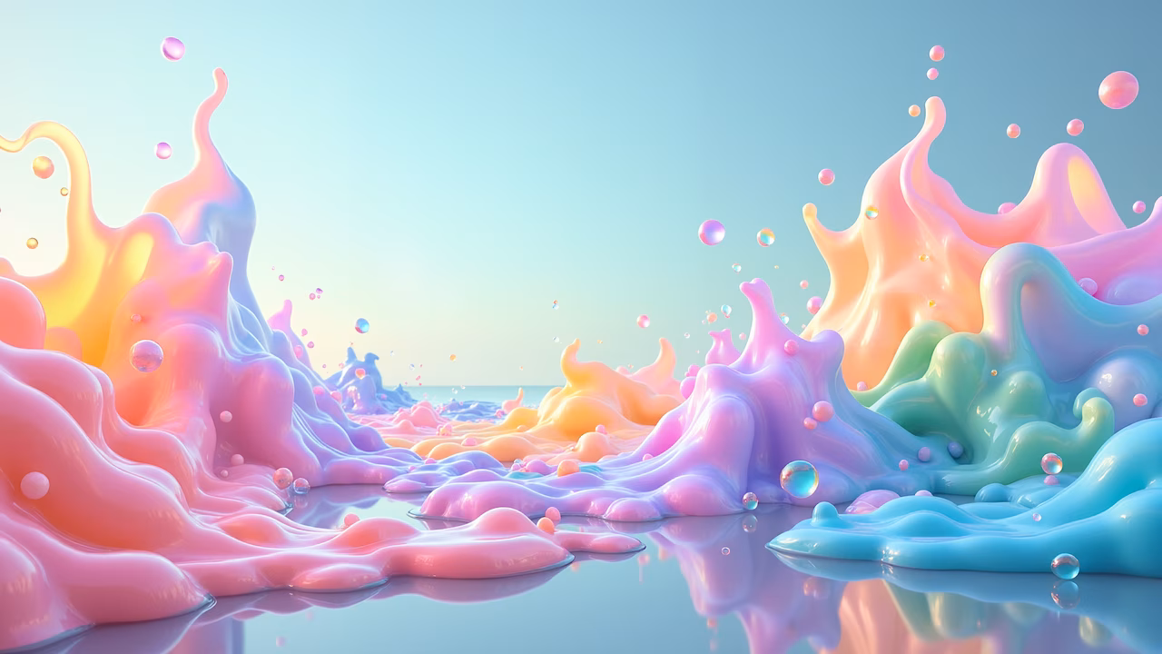 Whimsical pastel-colored liquid dreamscape illustration