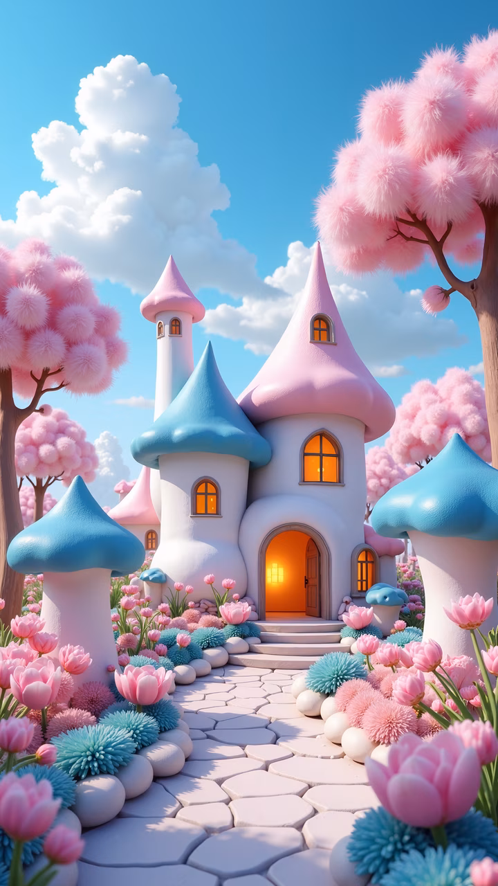 Whimsical pastel castle with glowing windows amidst a garden of pink flowers and fluffy trees.