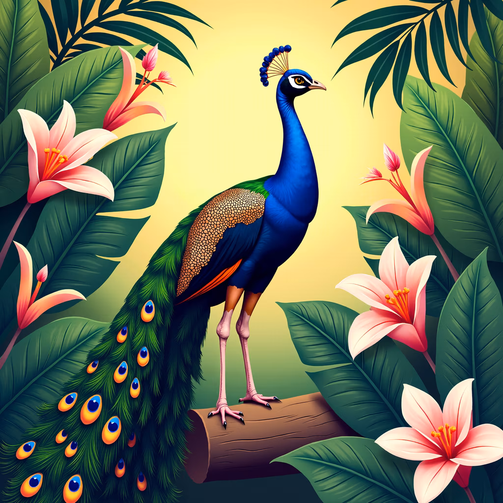 A stunning illustration of a peacock in a tropical paradise, showcasing vivid colors and intricate details.
