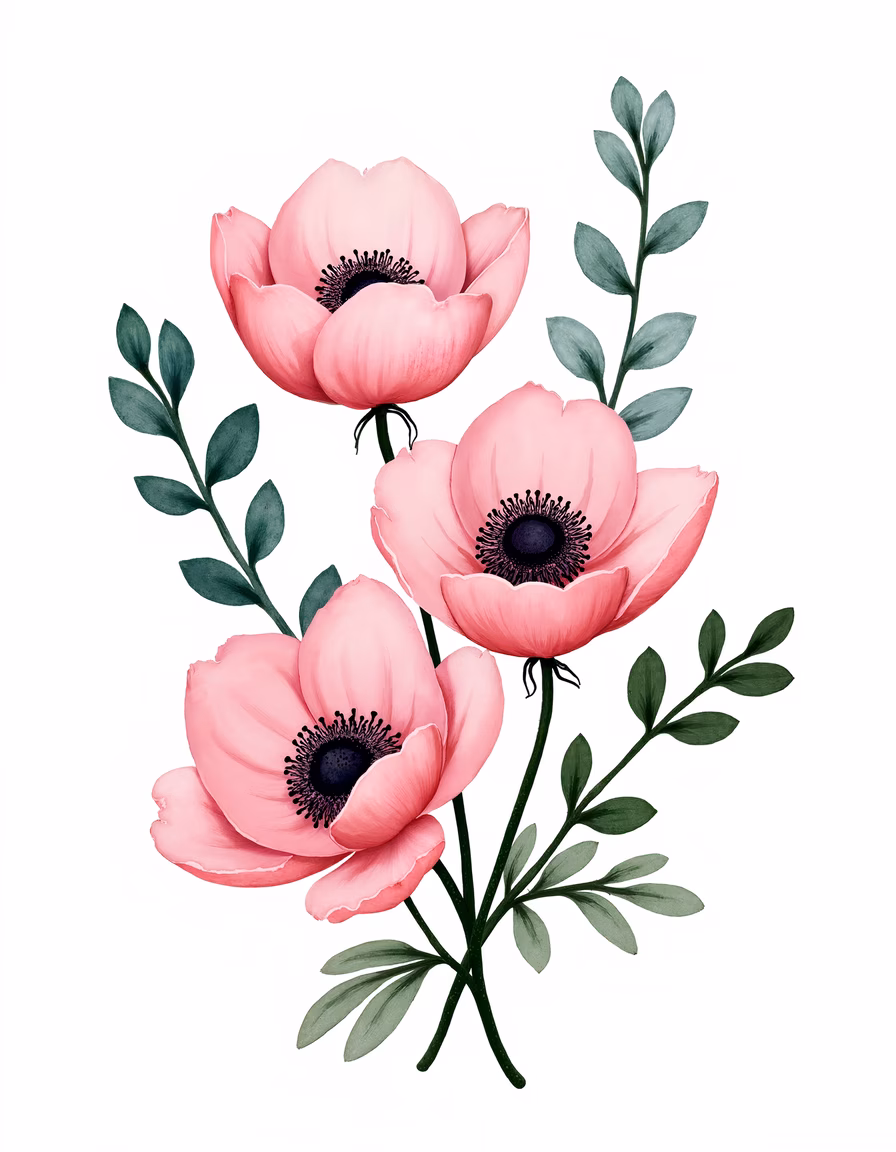 Delicate pink anemones with green stems on a white background.