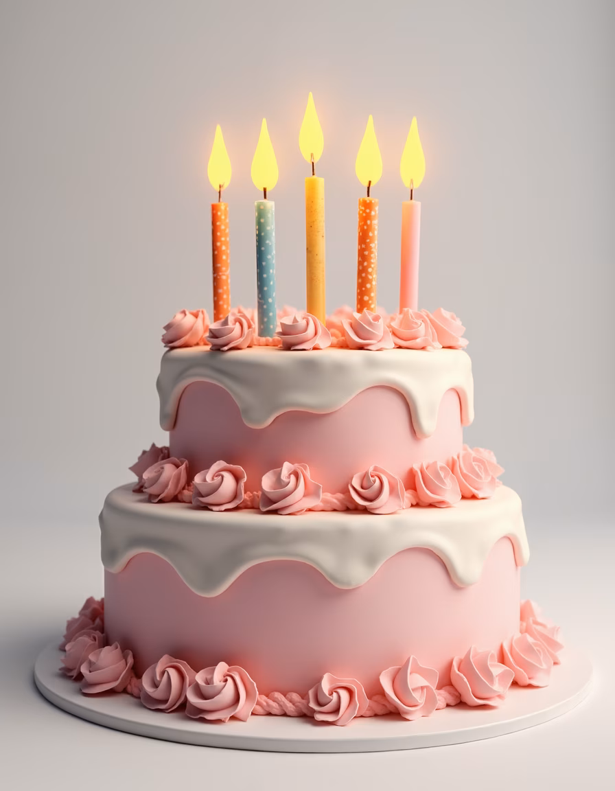 Delicate pink frosted cake with six lit candles, perfect for a birthday celebration.