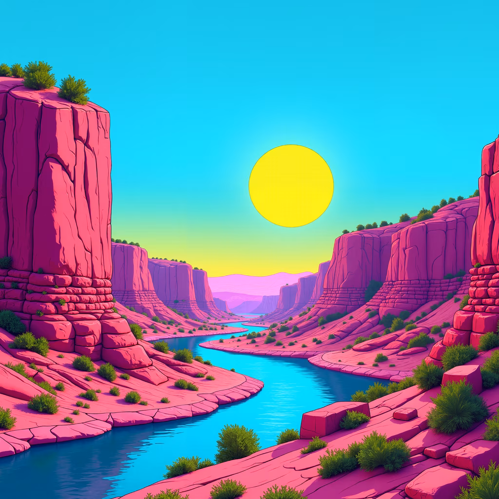 Vibrant pink canyon with a glowing sun and blue river.