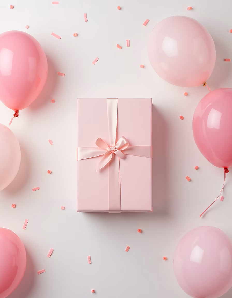 A pink gift box surrounded by balloons and confetti, perfect for a celebration!