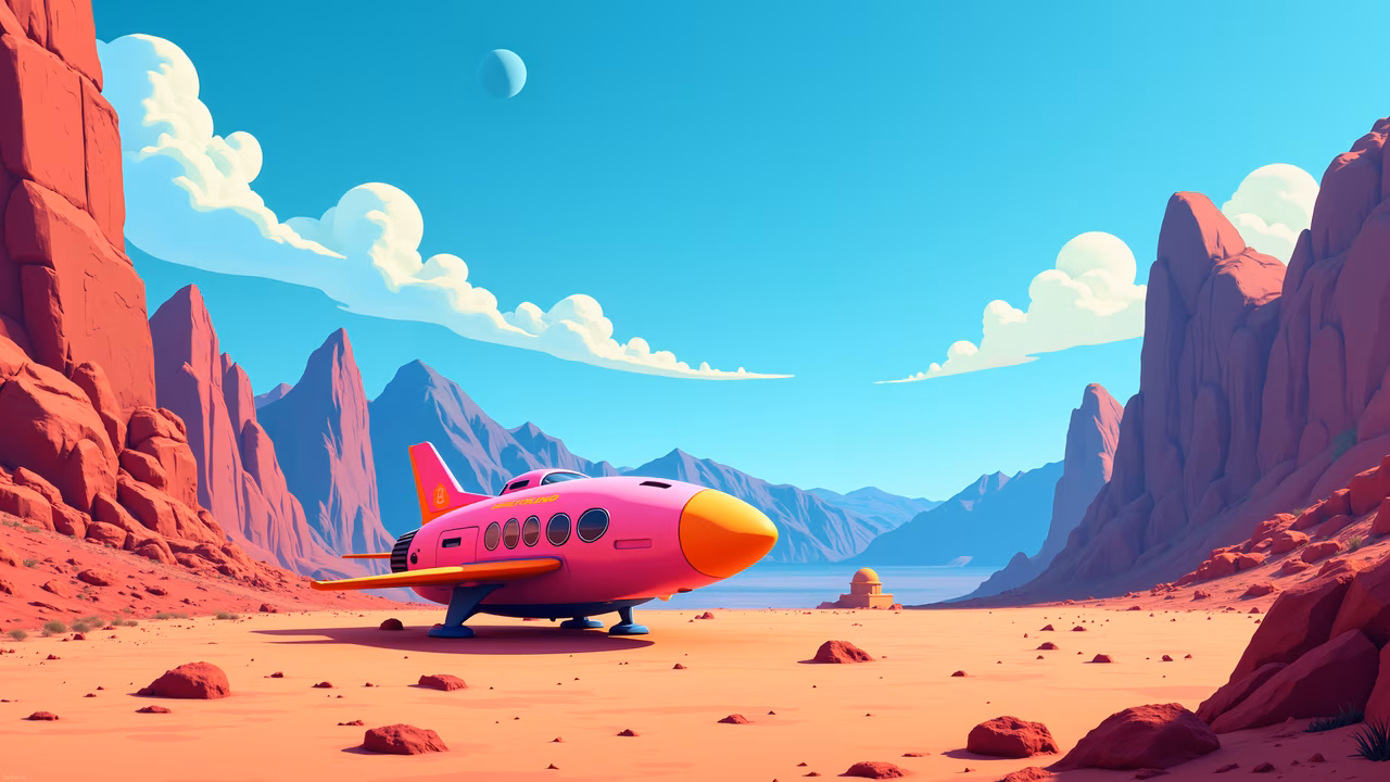 Bright pink jet in a desert landscape with a dome-shaped building and a pale moon.
